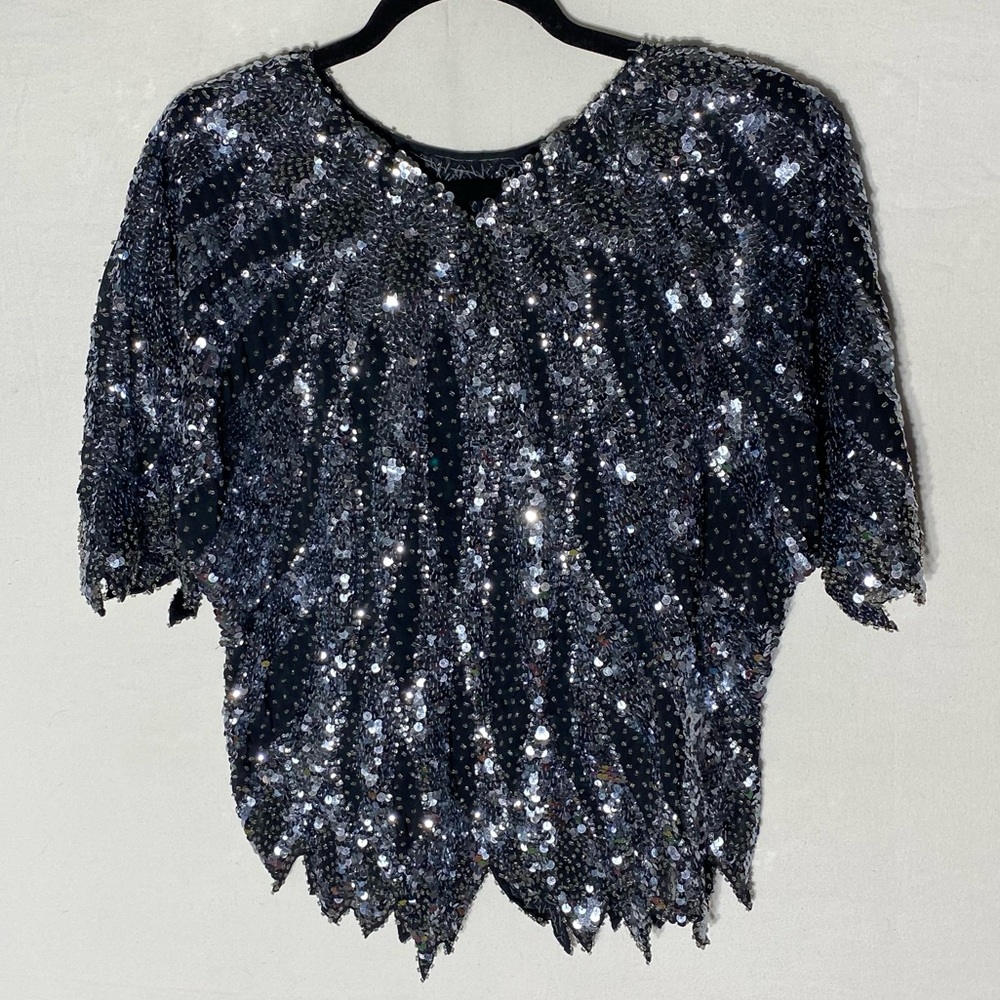 Vintage Black Silver Beaded Sequinned Short Sleeve Blouse W Shoulder Pads L